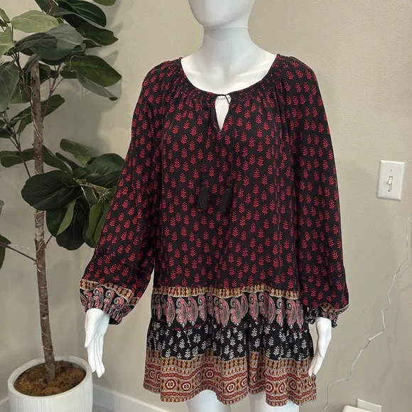 Beachlunchlounge Floral Paisley Mixed Print Peasant Tunic Size XL Long Sleeve - Picture 5 of 13